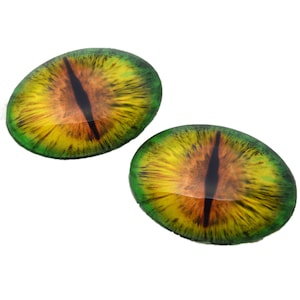 Green and Orange Dragon Oval Glass Eyes - Choose Your Size: 13mmx18mm, 18mmx25mm, 30mmx40mm - Art Doll Eyes - Fantasy Sculpture Flatblack