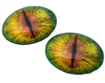 Green and Orange Dragon Oval Glass Eyes - Choose Your Size: 13mmx18mm, 18mmx25mm, 30mmx40mm - Art Doll Eyes - Fantasy Sculpture Flatblack
