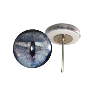 May include: A pair of blue and white glass eyes with a black pupil, one eye is on a white backing with a metal pin, the other eye is on a white background.