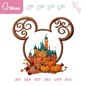 May include: An embroidery design featuring a brown outline of a mouse head shape containing a detailed castle with teal roofs and orange walls, surrounded by orange pumpkins and autumn leaves. Text includes 4 Sizes, 4", 5", 7", 9", JEF, EXP, DST, PES, VP3, HUS.