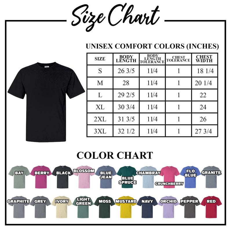 K&ouml;nnte beinhalten: Ein schwarzes T-Shirt neben einer Gr&ouml;&szlig;entabelle mit Ma&szlig;en in Zoll. Die Tabelle listet die Gr&ouml;&szlig;en S bis 3XL, die K&ouml;rperl&auml;nge, die Brustweite und Farboptionen wie Bay, Berry, Black, Blossom, Blue Jean und mehr auf.