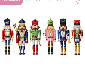 Peut inclure: Six figurines de casse-noisettes aux uniformes variés, incluant du rouge, bleu, vert et rose. Le texte en haut indique 4 Sizes 2" 3" 4" 5". Le texte en bas liste les formats JEF, EXP, DST, PES, VP3, HUS. Les personnages tiennent des objets comme une canne en sucre, une trompette et un tambour.