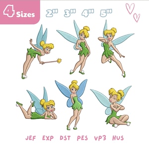 May include: Six embroidered fairy designs featuring a blonde character in a green dress with light blue wings. The text 4 Sizes 2" 3" 4" 5" appears at the top, with JEF EXP DST PES VP3 HUS at the bottom. The fairy is shown in various poses.
