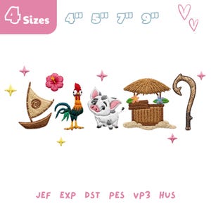 Puede incluir: Un diseño de bordado con un velero, un gallo, un lechón, una choza de paja y un gancho. El texto incluye 4 Sizes, 4", 5", 7", 9" y formatos JEF, EXP, DST, PES, VP3, HUS. El diseño está decorado con hibiscos rosas y pequeñas estrellas.