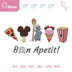 Può includere: Disegno per ricamo a macchina con una fetta di pizza, un gelato al cioccolato, un topo chef con cucchiaio di legno, un cono gelato rosa e popcorn. Il testo recita Bon Apetit! con 4 misure 4", 5", 7", 9" e formati JEF, EXP, DST, PES, VP3, HUS.