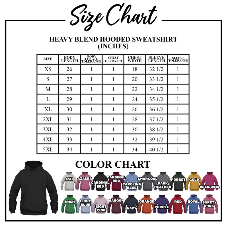 K&ouml;nnte beinhalten: Gr&ouml;&szlig;entabelle f&uuml;r einen Heavy Blend Kapuzenpullover, mit Ma&szlig;en in Zoll. Die Tabelle enth&auml;lt die Gr&ouml;&szlig;en XS bis 5XL, K&ouml;rperl&auml;nge, Brustweite und &Auml;rmell&auml;nge. Eine Farbkarte zeigt verschiedene Farben des Sweatshirts.