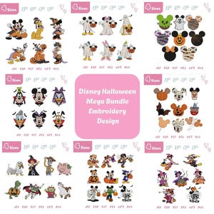 Op de afbeelding: Een digitale borduurontwerpcollectie getiteld Disney Halloween Mega Bundle Embroidery Design, met diverse stripfiguren in Halloween-kostuums, pompoenmotieven en spookthema's, beschikbaar in 4 formaten van 2 tot 5 inch.