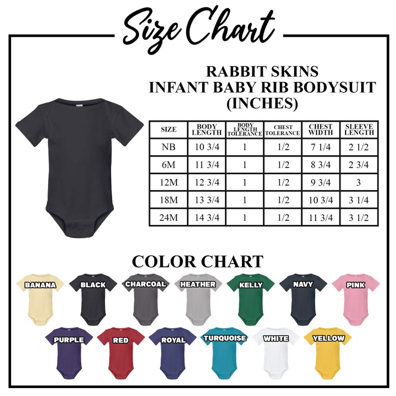 K&ouml;nnte beinhalten: Ein schwarzer Baby-Rib-Body mit Gr&ouml;&szlig;entabelle und Farbtabelle. Die Gr&ouml;&szlig;entabelle zeigt Ma&szlig;e in Zoll f&uuml;r K&ouml;rperl&auml;nge, Brustweite und &Auml;rmell&auml;nge. Die Farbtabelle zeigt verschiedene Bodyfarben, darunter Banane, Schwarz, Anthrazit, Heather und mehr.