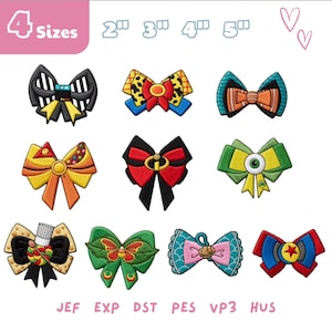 May include: A collection of nine embroidered bow designs in various colors and patterns, including character-inspired motifs. The image displays text indicating 4 sizes of 2, 3, 4, and 5 inches, along with file formats JEF, EXP, DST, PES, VP3, and HUS.