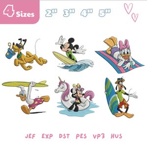 May include: Six Disney character embroidery designs featuring Pluto with a bucket, Mickey surfing, Daisy on a towel, Donald with a surfboard, Minnie on a unicorn float, and Goofy with a surfboard. Text includes 4 Sizes, 2", 3", 4", 5", JEF, EXP, DST, PES, VP3, HUS.