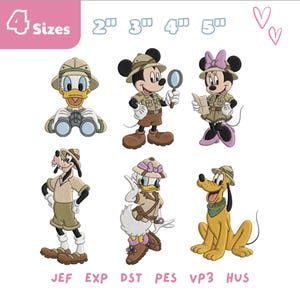 Könnte beinhalten: Sechs Disney-Stickmotive mit Donald Duck mit Fernglas, Mickey Maus mit Lupe, Minnie Maus mit Karte, Goofy, Daisy Duck und Pluto, alle in Safari-Kleidung. Der Text umfasst 4 Sizes, 2", 3", 4", 5" sowie JEF, EXP, DST, PES, VP3, HUS.