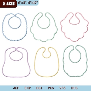 Könnte beinhalten: Sechs digitale Stickmotive von Baby-Lätzchen in verschiedenen Formen und Pastellfarben, darunter Hellblau, Mint, Rosa, Lavendel, Gelb und Türkis. Der Text 2 SIZE 6"x8", 6"x10" sowie die Dateiformate JEF, EXP, DST, PES, VP3, HUS sind sichtbar.