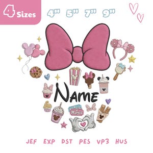 Könnte beinhalten: Ein Stickmuster mit einer großen rosa Schleife, dem Wort Name und verschiedenen Symbolen wie Luftballons, Popcorn, Eis, Churros und behandschuhten Händen, die ein Herz bilden. Der Text 4 Sizes 4", 5", 7", 9" und die Formate JEF, EXP, DST, PES, VP3, HUS sind sichtbar.