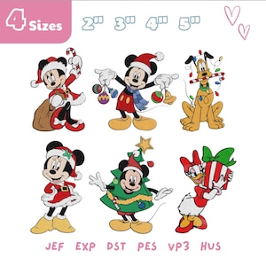 May include: A digital embroidery design set featuring six Disney characters in Christmas attire, including Mickey, Minnie, Pluto, and Daisy. The text 4 Sizes 2" 3" 4" 5" and file formats JEF, EXP, DST, PES, VP3, HUS are visible. The characters are colourful.