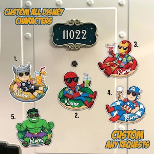 May include: A collection of custom Disney character stickers, including Thor, Spider-Man, Iron Man, Captain America, and the Hulk, each relaxing in a pool float with a drink or ice cream. The text "CUSTOM ALL DISNEY CHARACTERS" and "CUSTOM ANY REQUESTS" is visible.