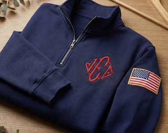 Embroidered Quarter Zip Sweater, Custom Monogram Fleece Pullover, USA Sleeve Sweatshirt, Unisex Blue Quarter Zip