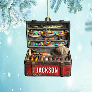 Personalized Fishing Tackle Box Ornament, Custom Name Fisherman Gift, Lures & Fish Keepsake, Angler Christmas Decor