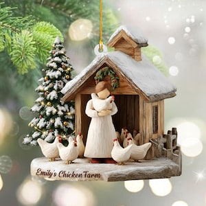 Personalized Chicken Farm Ornament, Custom Name Farmhouse Christmas Decor, Girl Holding Chicken Keepsake, Funny Farmer Gift