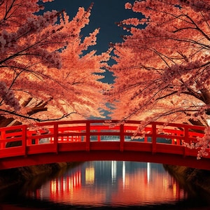 Cherry Blossom Bridge at Night Japanese Fantasy Wallpaper