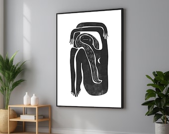 Minimalist Woman Silhouette Canvas: Black and White Line Art