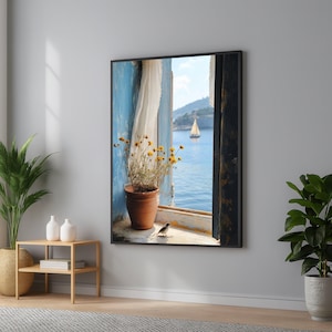 Rustic Coastal Canvas Art: Blue Window, Flowers, Sailing Boat