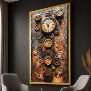 Op de afbeelding: Een ingelijst steampunk-stijl kunstwerk voor aan de muur met een kaartachtergrond en diverse klokken en tandwielen. Het kunstwerk heeft een gouden lijst en een textuur, veelkleurig oppervlak met brons- en bruintinten. Verschillende klokken en tandwielen zijn over de kaart gerangschikt.