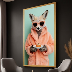 Tela de retrato de raposa caprichosa: casaco de pele laranja, arte de parede moderna