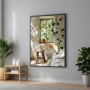 Op de afbeelding: Een ingelijste wandkunstprint met een rustiek interieur met een raam, een houten krukje, een keramische mok en een hangende groene plant. De muur heeft een getextureerde, verweerde afwerking en het raam kijkt uit op groen.