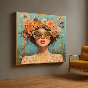 Blumenkrone Porträt Leinwand, Frau mit Sonnenbrille Wandkunst, Boho Chic Blumen Kunst, moderne dekorative Leinwand, lebendige Wohnkultur