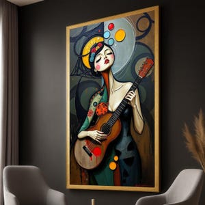 Abstract Woman with Guitar Canvas Art: Modern Musical Portrait