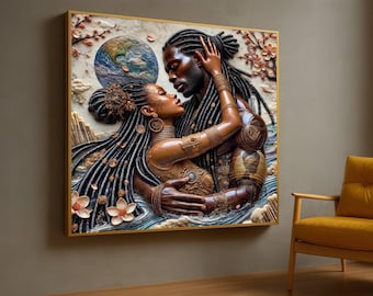 Embracing Lovers Canvas Wall Art, African Romance Portrait, Ethnic Couple Painting, Modern Love Wall Decor, Intimate Home Accent