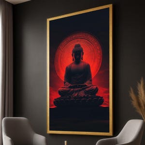 Meditating Buddha Statue Canvas, Red Halo Spiritual Wall Art, Zen Home Decor, Asian Art Print, Mindfulness Meditation Canvas