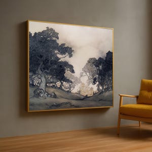 Enchanted Forest Landscape Canvas, Mystical Trees Wall Art, Fantasy Castle Background, Nature Illustration Canvas, Magical Woodland Decor
