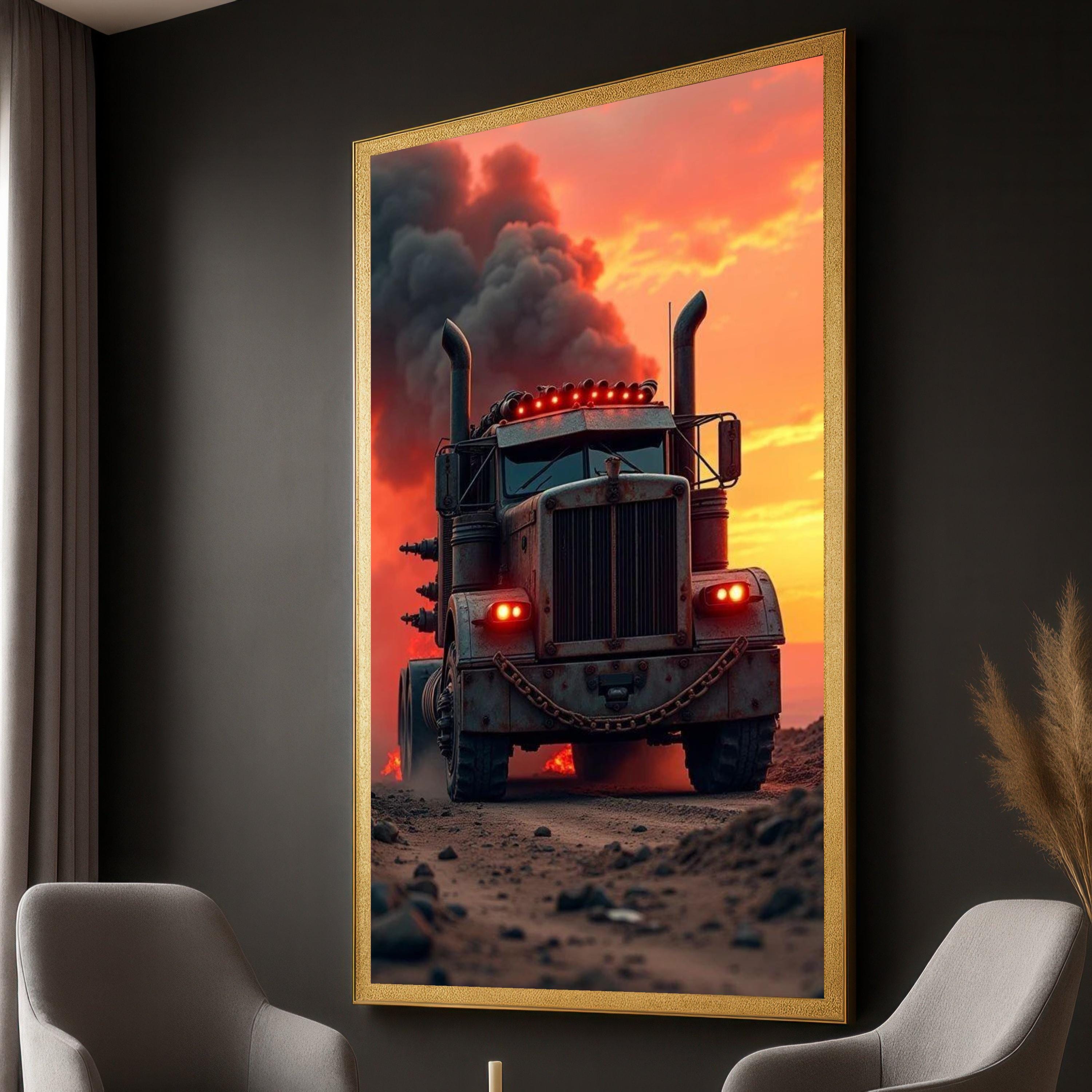 Semi Truck Canvas Art: Sunset Big Rig, Rustic Garage Decor - Etsy