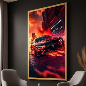 Red Sports Car Canvas Art: Urban Night Cityscape, High-Speed Drift