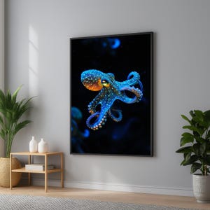 Vibrant Blue Octopus Canvas, Underwater Sea Life Art, Marine Animal Wall Decor, Ocean Glow Canvas Print, Unique Aquatic Wall Art