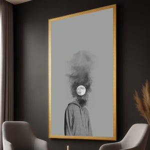 Surreal Moon Head, Abstract Smoke Art Canvas, Modern Minimalist Wall Art, Cosmic Fantasy Canvas, Unique Home Decor