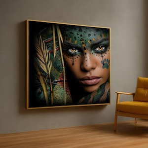 Impression sur toile peinture visage tribal, guerrier ethnique, oeuvre d'art murale yeux d'or
