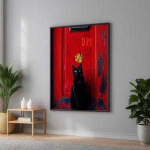 Black Cat on Red Door Canvas: Gothic Halloween Wall Art