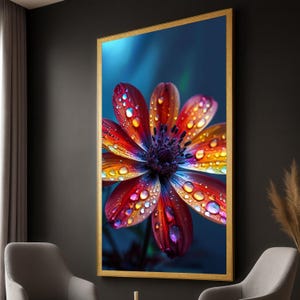 Macro Flower Canvas Print: Vibrant Water Droplets, Colorful Floral Wall Art