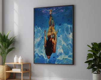 Female Swimmer Canvas Art: Blue Water Reflection Painting
