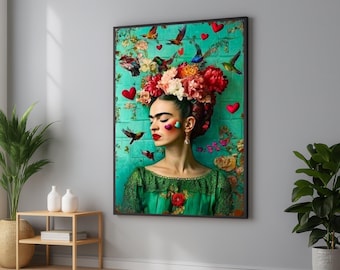 Vrouwencanvas bloemenkroon: kleurrijke portretkunst hart en vogel