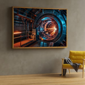 May include: A framed print of a futuristic tunnel interior, featuring a circular structure with blue and orange lighting. The artwork is displayed on a gray wall, with a yellow armchair and a gray blanket in the foreground.