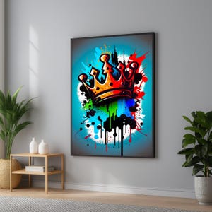 Art mural en toile avec couronne graffiti urbain, design street art coloré, toile abstraite moderne, décoration d&#39;intérieur urbaine, décoration murale prête à accrocher