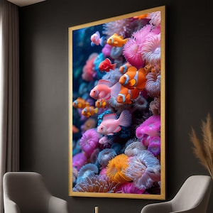 Arte de parede em tela com peixes-palhaço coloridos e recifes de coral, cena vibrante do oceano subaquático, tela com vida marinha de peixes tropicais, arte de parede para decoração de casa