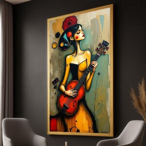 Abstract Woman with Guitar Canvas Art: Modern Colorful Wall Decor
