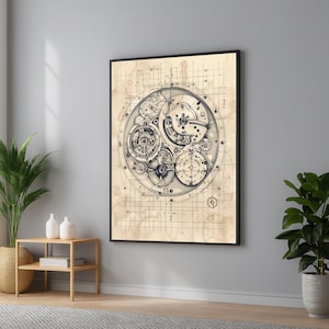 May include: A framed print featuring a detailed mechanical clock mechanism illustration. The artwork showcases gears, springs, and other components in a grayscale palette against a parchment-like background. The print is encased in a black frame.