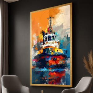 Vibrant Tugboat Canvas Wall Art, Abstract Harbor Scene, Colorful Nautical Decor, Modern Marine Painting, Ready to Hang Canvas