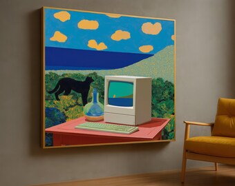 May include: A framed wall art print depicting a landscape with a blue sky, yellow clouds, and a dark blue sea. A black cat stands near a light blue glass bottle and a beige computer with a green keyboard on a red table in the foreground.