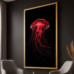 Neon Red Jellyfish Canvas Art: Contemporary Nautical Glow